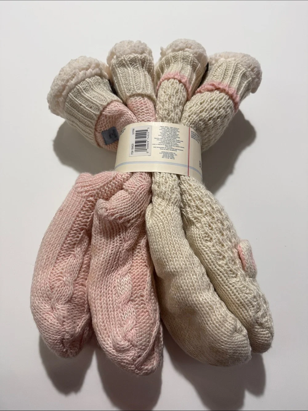 Jane and Bleecker Cream and Pink Plush-Lined Animal Face Slipper Socks